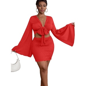 image:imageLYANER Women 2 Piece Vacation Outfits Tie Knot Front Bell Long Sleeve Crop Top and Mini Skirt Summer SetRust Red