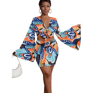 image:imageLYANER Women 2 Piece Vacation Outfits Tie Knot Front Bell Long Sleeve Crop Top and Mini Skirt Summer SetSky Blue Print