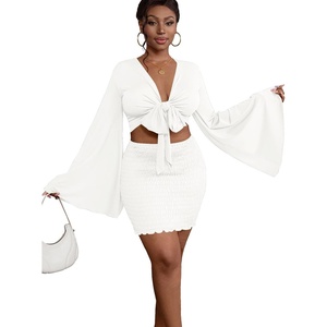 image:imageLYANER Women 2 Piece Vacation Outfits Tie Knot Front Bell Long Sleeve Crop Top and Mini Skirt Summer SetWhite