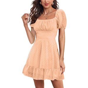 image:imageLYANER Women Swiss Dots Square Neck Ruffle Hem Short Sleeve Elegant Mini DressCoral Pink