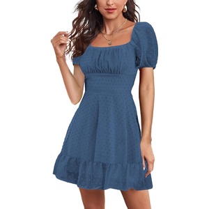 image:imageLYANER Women Swiss Dots Square Neck Ruffle Hem Short Sleeve Elegant Mini DressDusty Blue