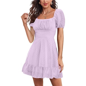 image:imageLYANER Women Swiss Dots Square Neck Ruffle Hem Short Sleeve Elegant Mini DressLight Purple