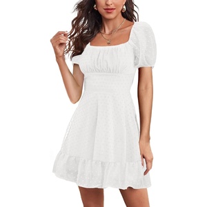 image:imageLYANER Women Swiss Dots Square Neck Ruffle Hem Short Sleeve Elegant Mini DressWhite