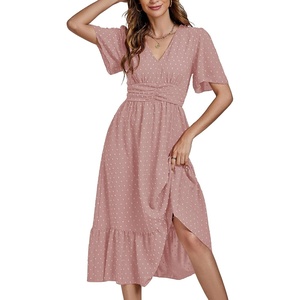 image:imageLYANER Womens Boho Maxi Dress Long Sleeve V Neck Swiss Dot High Waited ALine Ruffle Tiered Chiffon Long DressesDusty Pink