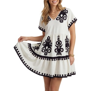 image:imageLYANER Womens Boho V Neck Short Sleeve Tiered Flowy A Line Beach Vacation Mini DressBeige