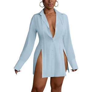 image:imageLYANER Womens Button Down Shirt Dress Collared Long Sleeve Sexy Tops Slit Hem Long ShirtsAzure