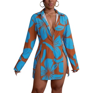 image:imageLYANER Womens Button Down Shirt Dress Collared Long Sleeve Sexy Tops Slit Hem Long ShirtsBlue Flower