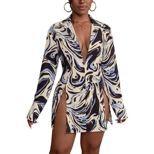 image:imageLYANER Womens Button Down Shirt Dress Collared Long Sleeve Sexy Tops Slit Hem Long ShirtsBlue Moire