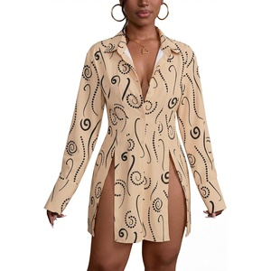 image:imageLYANER Womens Button Down Shirt Dress Collared Long Sleeve Sexy Tops Slit Hem Long ShirtsDotted Line Khaki