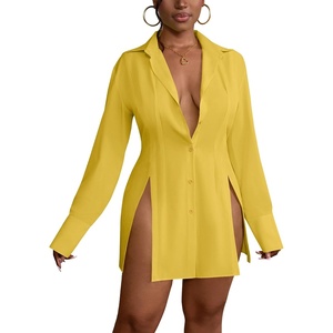 image:imageLYANER Womens Button Down Shirt Dress Collared Long Sleeve Sexy Tops Slit Hem Long ShirtsGinger