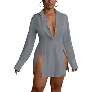 image:imageLYANER Womens Button Down Shirt Dress Collared Long Sleeve Sexy Tops Slit Hem Long ShirtsGray