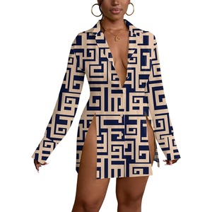 image:imageLYANER Womens Button Down Shirt Dress Collared Long Sleeve Sexy Tops Slit Hem Long ShirtsKhaki Print