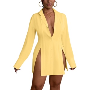 image:imageLYANER Womens Button Down Shirt Dress Collared Long Sleeve Sexy Tops Slit Hem Long ShirtsLight Yellow