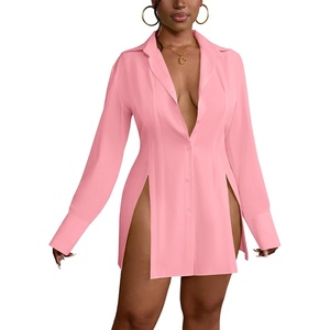 image:imageLYANER Womens Button Down Shirt Dress Collared Long Sleeve Sexy Tops Slit Hem Long ShirtsPink