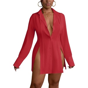 image:imageLYANER Womens Button Down Shirt Dress Collared Long Sleeve Sexy Tops Slit Hem Long ShirtsPure Red