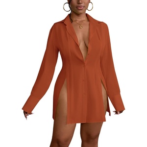 image:imageLYANER Womens Button Down Shirt Dress Collared Long Sleeve Sexy Tops Slit Hem Long ShirtsRust Red