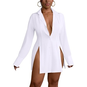 image:imageLYANER Womens Button Down Shirt Dress Collared Long Sleeve Sexy Tops Slit Hem Long ShirtsWhite