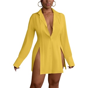 image:imageLYANER Womens Button Down Shirt Dress Collared Long Sleeve Sexy Tops Slit Hem Long ShirtsYellow