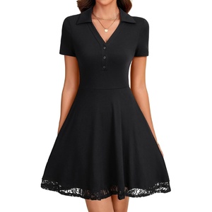 image:imageLYANER Womens Button V Neck Short Sleeve Lace Trimmed A Line Hem Casual Mini Dresses Black Small
