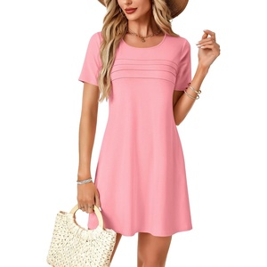 image:imageLYANER Womens Casual Cotton Short Sleeve Dress Pleated A Line Flowy Mini T Shirt DressPink