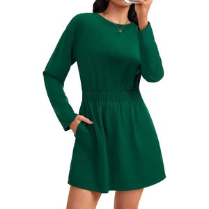 image:imageLYANER Womens Casual Long Sleeve Crewneck Elastic Waist Sweatshirt Short Dress with PocketsDark Green