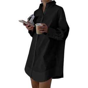 image:imageLYANER Womens Casual Shirt Dress Collar V Neck Button Down Loose Long Sleeve Mini DressesSolid Black