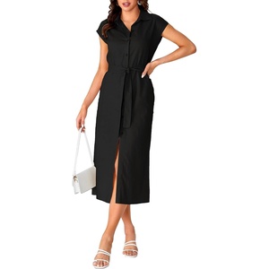 image:imageLYANER Womens Collar Neck Belted High Split Sleeveless Side Pocket Office Midi DressBlack