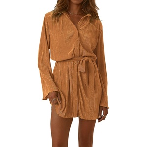 image:imageLYANER Womens Collar V Neck Button Down Pleated Long Sleeve Mini Shirt Dress with BeltLight Orange
