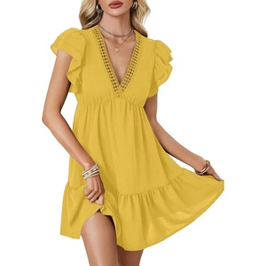 image:imageLYANER Womens Deep V Neck Ruffle Short Sleeve Mini Dress A Line Swing Flared Cocktail PartyMustard Yellow
