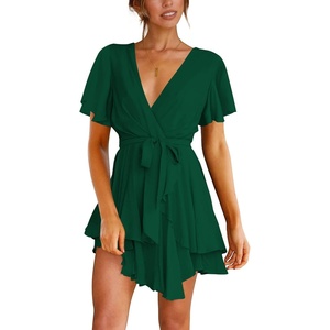 image:imageLYANER Womens Deep V Neck Short Sleeve Ruffle Layer Wrap Tie Waist Swing Mini DressDark Green