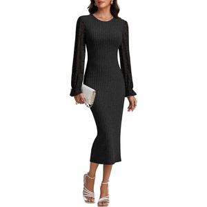 image:imageLYANER Womens Elegant Contrast Lace Long Sleeve Ribbed Knit Slit Slim Midi Bodycon DressBlack