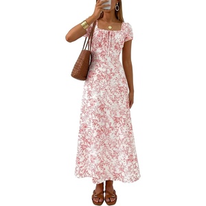 image:imageLYANER Womens Floral Print Square Neck Short Sleeve Smocked Flowy A Line Boho Long SundressWhite
