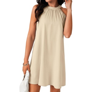 image:imageLYANER Womens Halter Neck Sleeveless A Line Ruched Chiffon Flowy Casual Beach Mini DressBeige