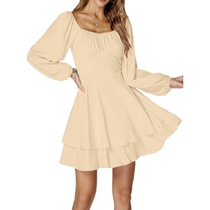 image:imageLYANER Womens Lantern Long Sleeve Tie Back Square Neck Ruffle Short Dress Flowy Casual Party Mini DressesBeige