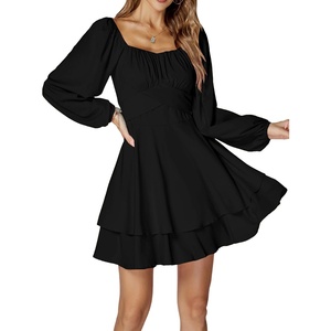image:imageLYANER Womens Lantern Long Sleeve Tie Back Square Neck Ruffle Short Dress Flowy Casual Party Mini DressesBlack