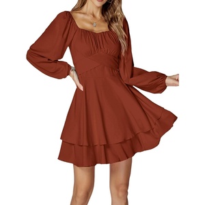 image:imageLYANER Womens Lantern Long Sleeve Tie Back Square Neck Ruffle Short Dress Flowy Casual Party Mini DressesBurnt Orange