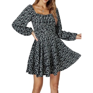 image:imageLYANER Womens Lantern Long Sleeve Tie Back Square Neck Ruffle Short Dress Flowy Casual Party Mini DressesFloral Black
