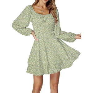 image:imageLYANER Womens Lantern Long Sleeve Tie Back Square Neck Ruffle Short Dress Flowy Casual Party Mini DressesFloral Green