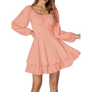 image:imageLYANER Womens Lantern Long Sleeve Tie Back Square Neck Ruffle Short Dress Flowy Casual Party Mini DressesLight Pink