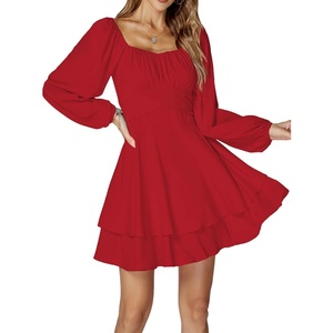image:imageLYANER Womens Lantern Long Sleeve Tie Back Square Neck Ruffle Short Dress Flowy Casual Party Mini DressesRed