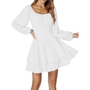 image:imageLYANER Womens Lantern Long Sleeve Tie Back Square Neck Ruffle Short Dress Flowy Casual Party Mini DressesWhite