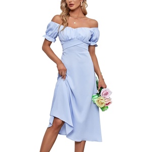 image:imageLYANER Womens Off Shoulder Wrap Ruffle Puff Short Sleeve Ruched Tie Back DressLight Blue