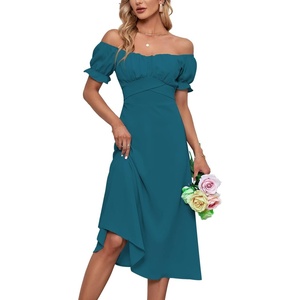 image:imageLYANER Womens Off Shoulder Wrap Ruffle Puff Short Sleeve Ruched Tie Back DressTeal Blue