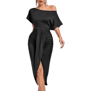 image:imageLYANER Womens One Off The Shoulder Ruched Wrap Front Split Hem Draped Party Midi DressBlack