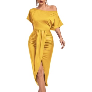 image:imageLYANER Womens One Off The Shoulder Ruched Wrap Front Split Hem Draped Party Midi DressYellow