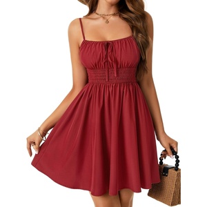 image:imageLYANER Womens Shirred Ruffle A Line Spaghetti Strap Sleeveless Mini Slip Dress Wine Red Large