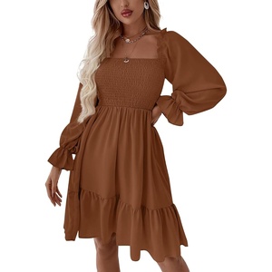 image:imageLYANER Womens Square Neck Lantern Long Sleeve Shirred Ruffle A Line Flowy Party Mini DressDark Brown