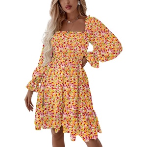 image:imageLYANER Womens Square Neck Lantern Long Sleeve Shirred Ruffle A Line Flowy Party Mini DressPink Floral Print