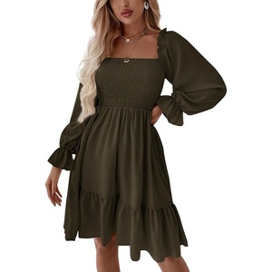 image:imageLYANER Womens Square Neck Lantern Long Sleeve Shirred Ruffle A Line Flowy Party Mini DressSolid Army Green