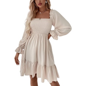 image:imageLYANER Womens Square Neck Lantern Long Sleeve Shirred Ruffle A Line Flowy Party Mini DressSolid Beige